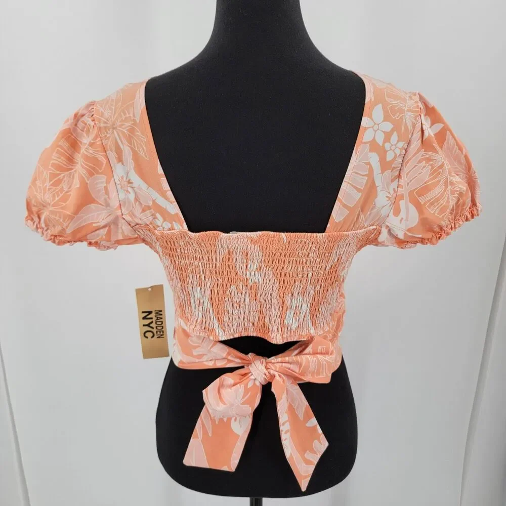 Madden NYC Top Juniors Large Crop Puff Sleeves Tie Back Floral Padded NEW - Picture 2 of 10